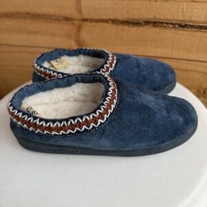 Old Friend Womens Clog Comfort Slippers Blue Leather Suede Shearling Sz 5 *Flaw*